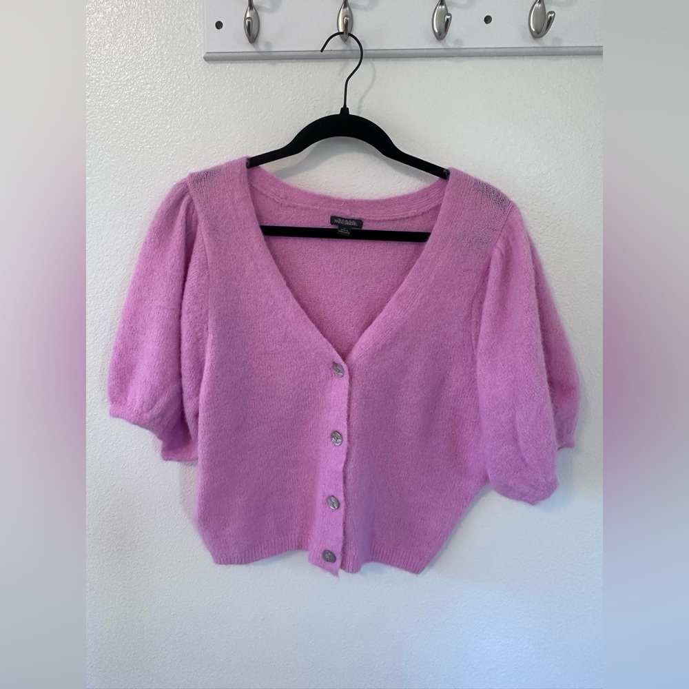 wild fable Pink Puff Sleeve V-Neck Button Cardigan